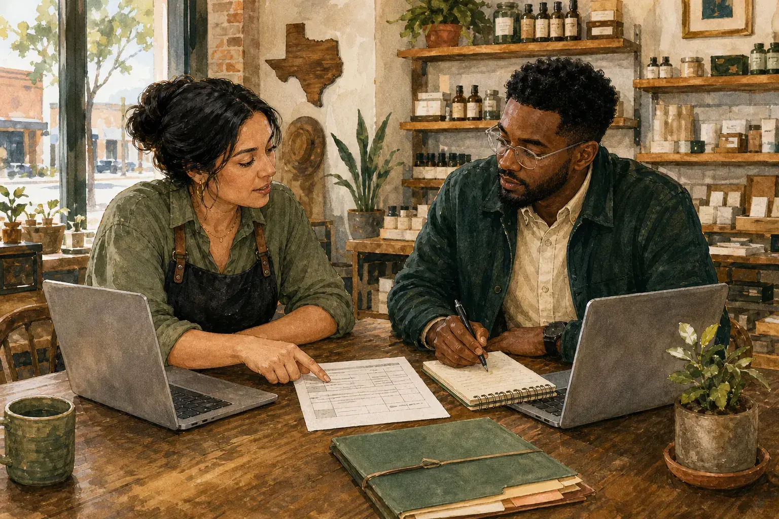 Editorial illustration of a retailer and product specialist working together over a certificate of analysis at a shop table.