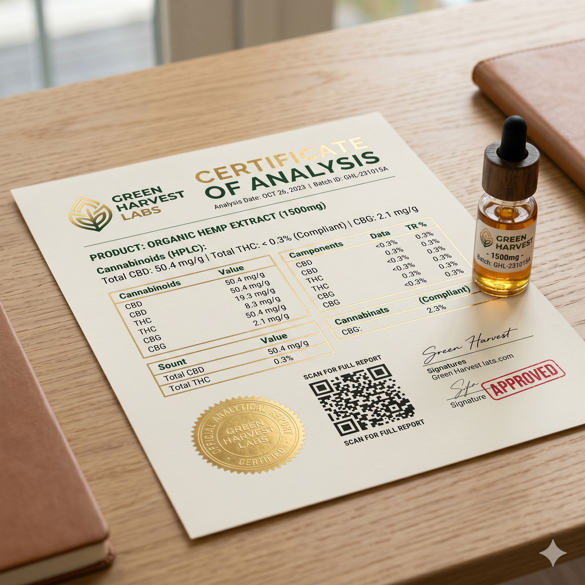 Certificate of Analysis with QR code and hemp product