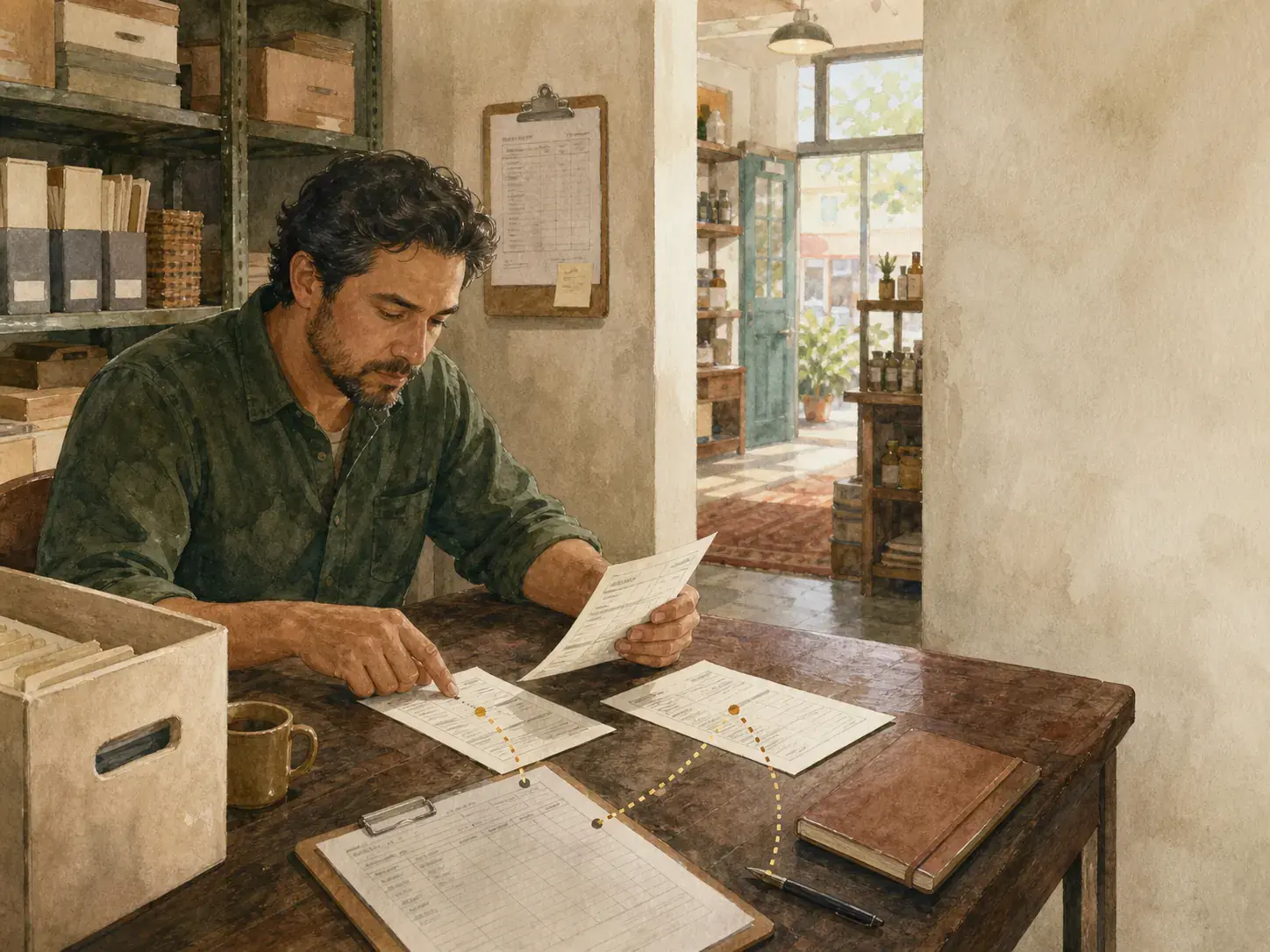 Editorial illustration of a Texas retail operator connecting a certificate, lot record, and receiving log at a back-office table.