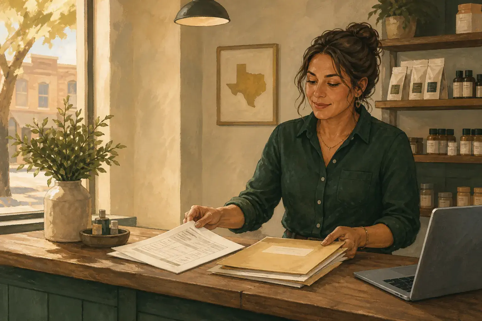 Editorial illustration of a Texas retail operator calmly organizing a certificate and lot folder at the shop counter.