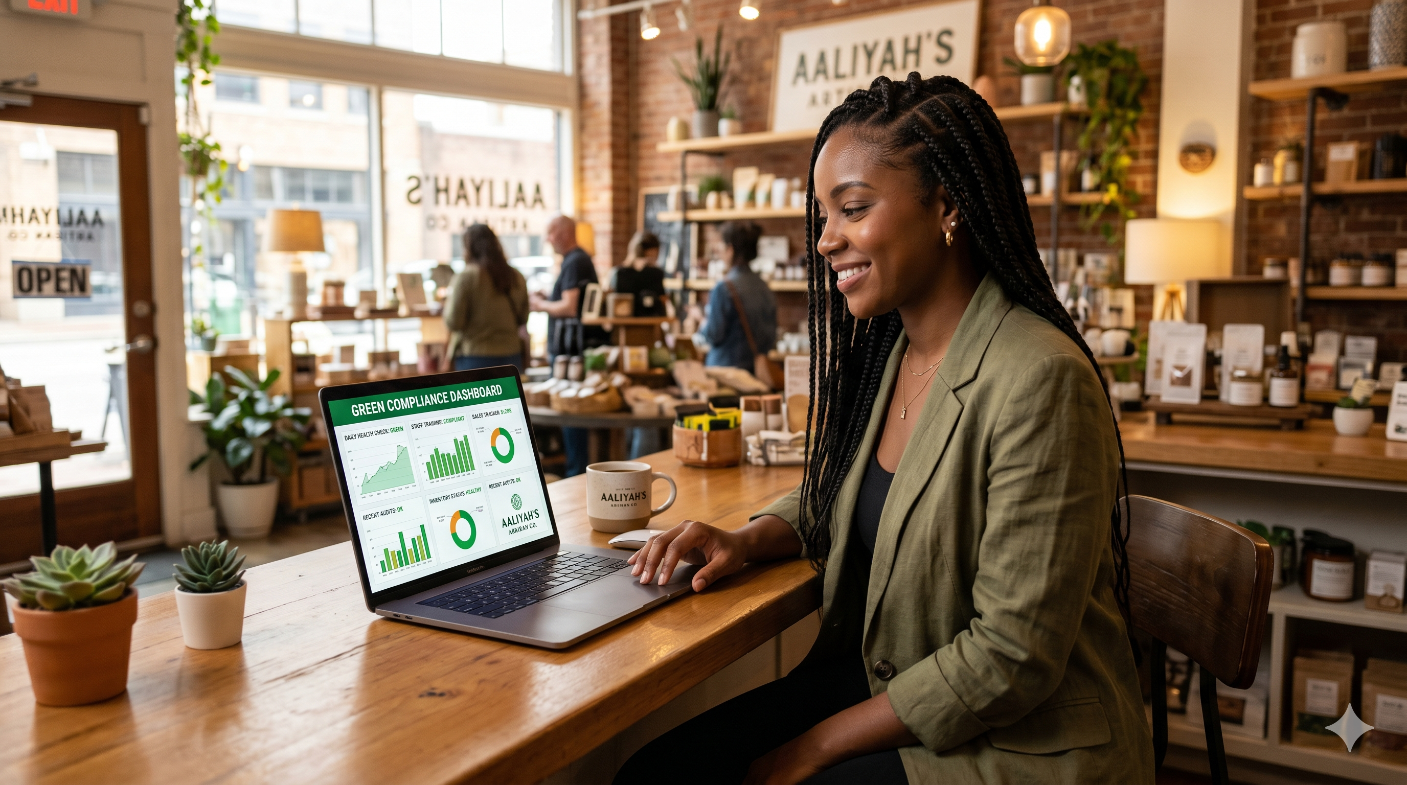 Hemp retailer viewing compliance dashboard on laptop in shop